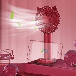 Cat Ear Portable USB Rechargeable Handheld 3 Speed Strong Wind Electric Small Mini Cooling Fan with Cell Phone Holder and Light (Red)
